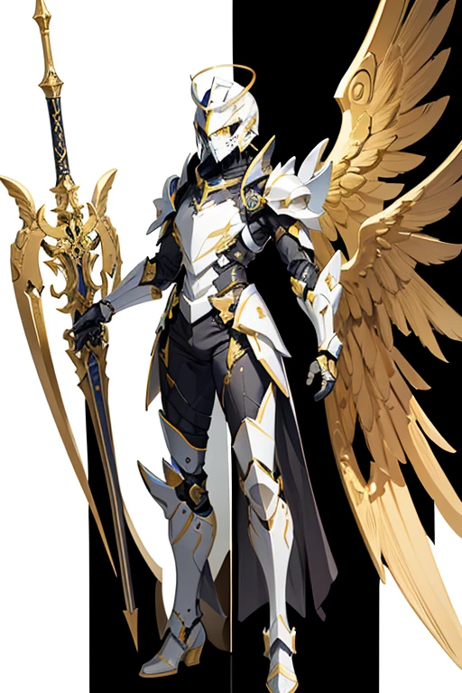 angel exoskeleton armor helmet with cross symbol templars gold color with a spear in hand full body facing the viewer white background