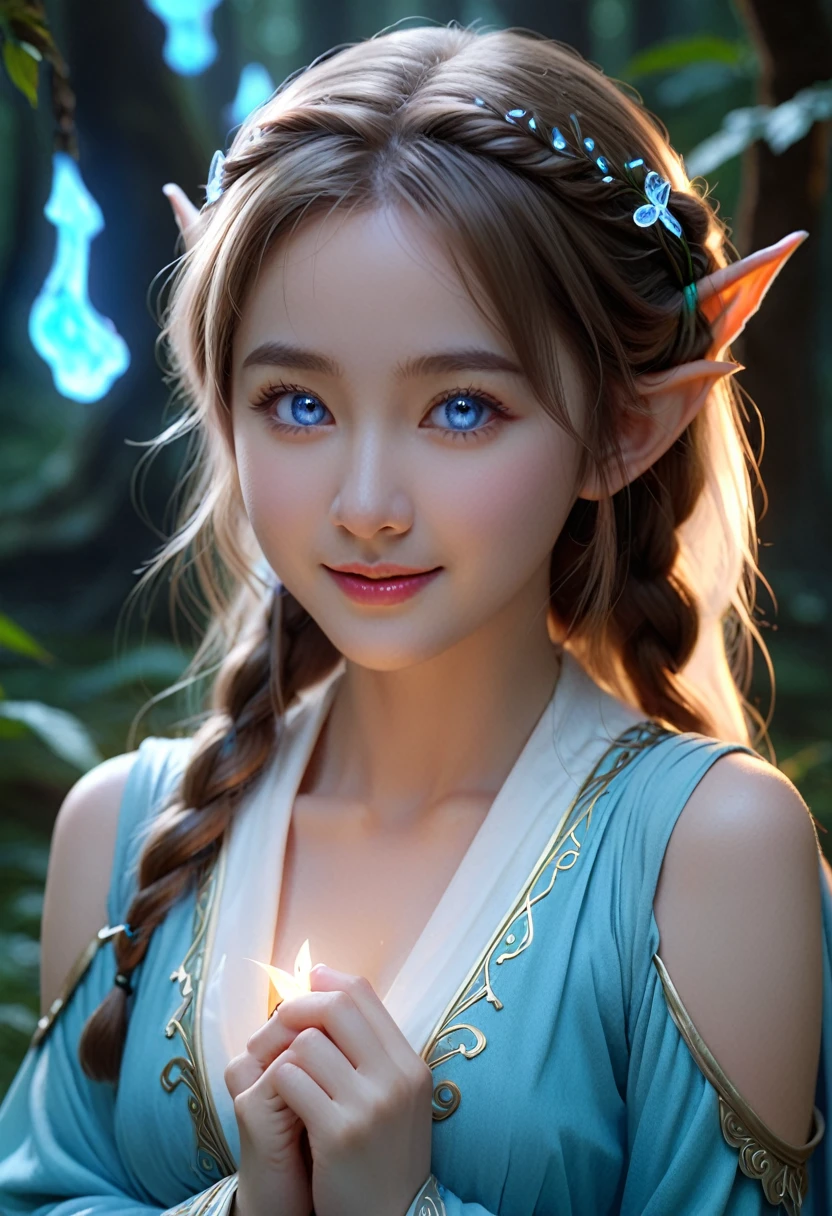 ((masterpiece)), ((best quality)), (ultra-detailed), ((kawaii)), cute, (lovely), (), ((extremely detailed)), 4K, (8K), best quality, (beautiful), photorealistic, portrait, legendary, elf, a cute girl, solo, laugh, sorceress, ancient forest, mystical, aura, flowing robes, glowing, runes, wisdom, magic, serene, timeless, beautiful blue eyes, cinematic lighting,