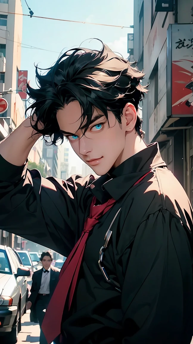 of the highest quality, 8k, high resolution image, anime style Darien Chiba, (squirming/genshin impact), Detailed strokes, happy look  , blurred, violet light reflecting on it, (close angle), 1 man, young, male, Model, hand in pocket, cool guy, multicolored bottom with different geometric shapes, around stickers, muscular, short black hair, blue eyes, hair between the eyes, highlighted hair, swollen chest. He wears a white collared shirt., Red tie, black fur coat on the shoulders, sleeves rolled up and black sweatpants, black sweatpants and a gold link chain, sweatpants, bottom: Big city, Street, smiling, from the Sailor Moon anime 