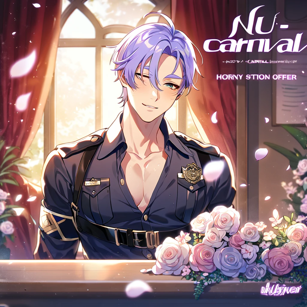 absurdres, highres, ultra detailed, HDR, master piece, best quality, Kuya, light-purple hair, hterochromia, right eye is yellow, left eye is purple, Nu Carnival, solo, sexy man, handsome, horny, lewd, black police officer clothes, unbuttoned shirt, black hat, fantasy, police station, window, petals, flowers, room, red curtains