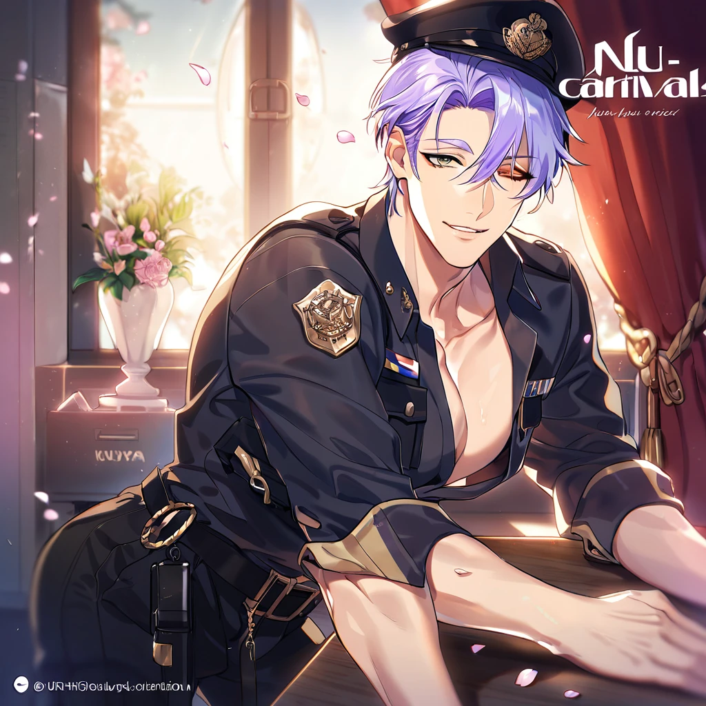absurdres, highres, ultra detailed, HDR, master piece, best quality, Kuya, light-purple hair, hterochromia, right eye is yellow, left eye is purple, Nu Carnival, solo, sexy man, handsome, horny, lewd, black police officer clothes, unbuttoned shirt, black hat, fantasy, police station, window, petals, flowers, room, red curtains