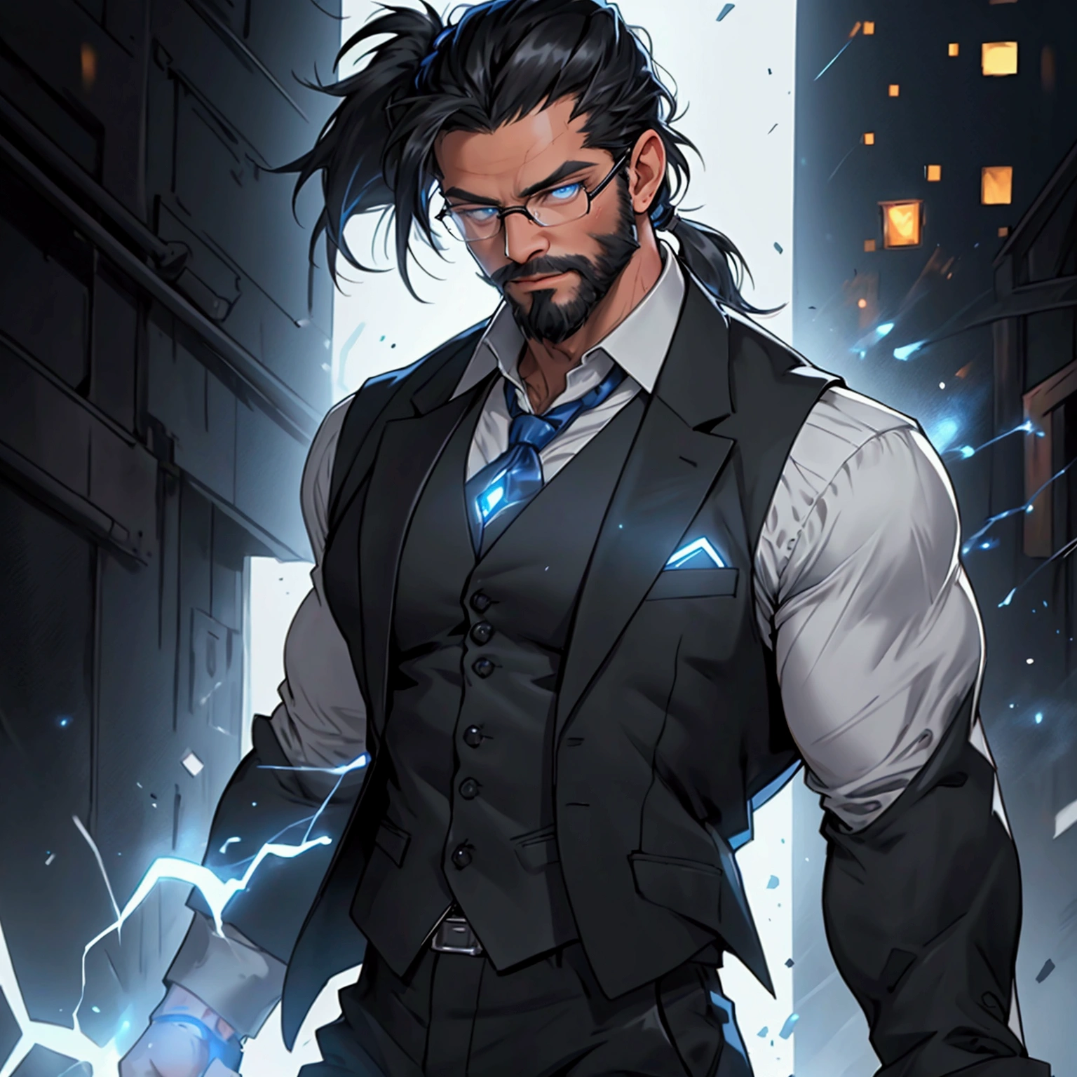 a muscular man with a ponytail, glasses, black hair, light scruffy beard, wearing a business vest and black dress pants, solo, alone, glowing electrical powers, (SOLO)(ALONE), best quality, 8k, highres, masterpiece, ultra-detailed, realistic, photorealistic, photo-realistic, HDR, UHD, studio lighting, ultra-fine painting, sharp focus, physically-based rendering, extreme detail description, professional, vivid colors, bokeh, has blue eyes, blue electric powers, wearing white dress shirt and black vest
