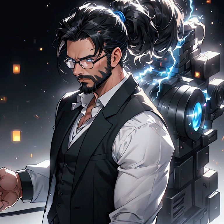 a muscular man with a ponytail, glasses, black hair, light scruffy beard, wearing a business vest and black dress pants, solo, alone, glowing electrical powers, (SOLO)(ALONE), best quality, 8k, highres, masterpiece, ultra-detailed, realistic, photorealistic, photo-realistic, HDR, UHD, studio lighting, ultra-fine painting, sharp focus, physically-based rendering, extreme detail description, professional, vivid colors, bokeh, has blue eyes, blue electric powers, wearing white dress shirt and black vest