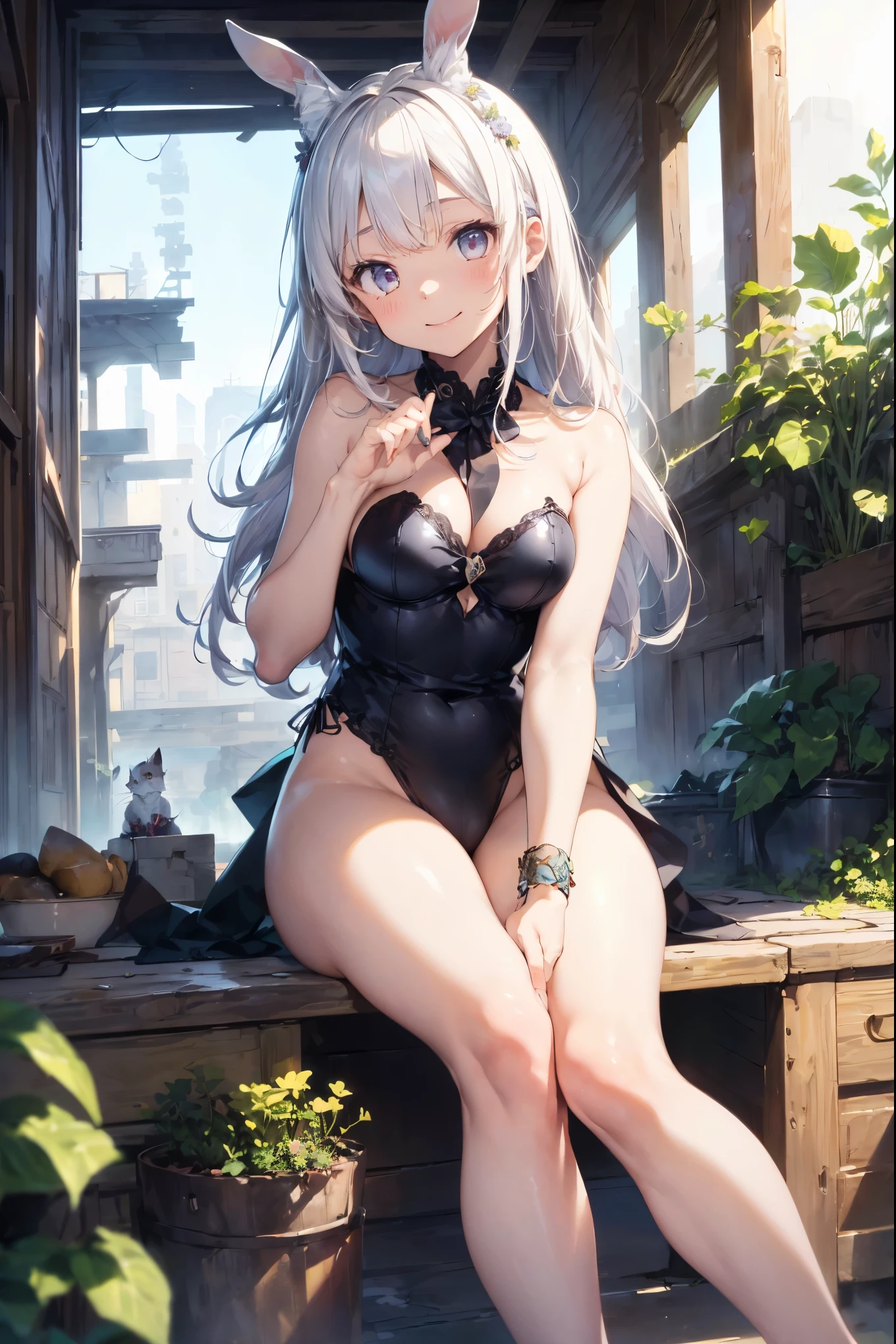 (((masterpiece))), (((Highest quality))), ((Very detailed)), ((Very detailedなイラスト)), ((Ultra-fine painting)), (16K Highest quality wallpaper:1.4), (Detailed and elaborate illustration style,:1.8) Detailed skin texture, High quality fabric, , (T-masterpiece), (Very detailedな顔:1.4), original, RAW Photos, Professional, Intricate details, Very detailed, Direct sunlight:1.6, ,(Cowboy Shot:1.9)、(Perfect ???????:1.4), (Extremely elaborate hands:1.2), (Very elaborate fingers:1.2), (Very elaborate fingers先:1.2),, (alone:1.6), (beautiful and adorable cat ears:1.6), (Intricate and delicate white cat ears:1.5), (beautiful, Shiny white hair:1.6), (Very fine and delicate white hair:1.4),, (Very detailedな顔:1.4),(Light purple eyes:1.6),(smile:1.4),(wariza:1.9),(anime:1.3), (Super Detail:1.2),(High resolution:1.3), (Professionalの写真撮影:1.2), (とてもbeautiful:1.2), (Absurd:1.2), (Sharp focus), (Perfect light), ((12 years old)), ((One girl)), alone, (Small box), View your viewers, (Playboy_bunny:1.3), ???? shoulders, Loose bangs,, (いたずらなsmile), Open your mouth, break, ((Highest quality)), (とてもbeautiful:1.2), (Absurd:1.2), ((Forward leg pose right hand only)), (Long eyelashes), ((Swollen eyes)),, Round eyes, (Ancient ruins overgrown with vegetation), (Decorated flowers), 