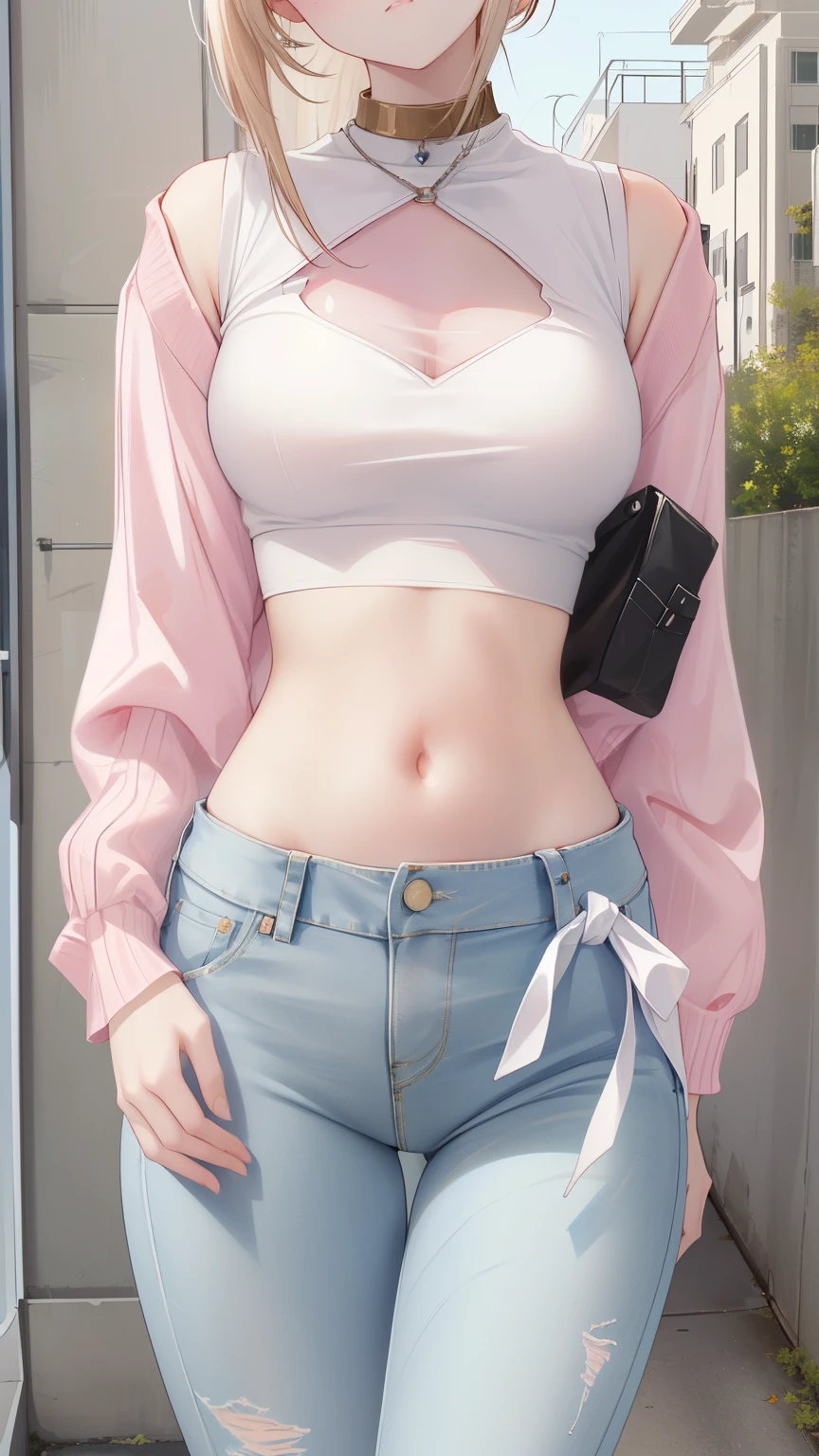 white top and jeans , y2k style, y 2 k style, wearing a cute top, tinyest midriff ever, physical : tinyest midriff ever, some pink, her belly button is exposed, y 2 k aesthetic, y2k aesthetic, very pale
