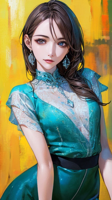 (Highest quality、8k、32K、masterpiece)、(Realistic)、(Realistic:1.2)、(High resolution)、Very detailed、Very beautiful face and eyes、1 girl、Round and small face、Tight waist、Delicate body、(close、Highest quality、Attention to detail、Rich skin detail)、(Highest quality、8k、Oil paints:1.2)、Very detailed、(Realistic、Realistic:1.37)、Bright colors