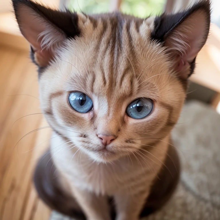Siamese cat. Face morphing with fisheye effect. Shining eyes. Cute expression. Same perspective angle as the animal. Realistic background. Intricate details. 8K.