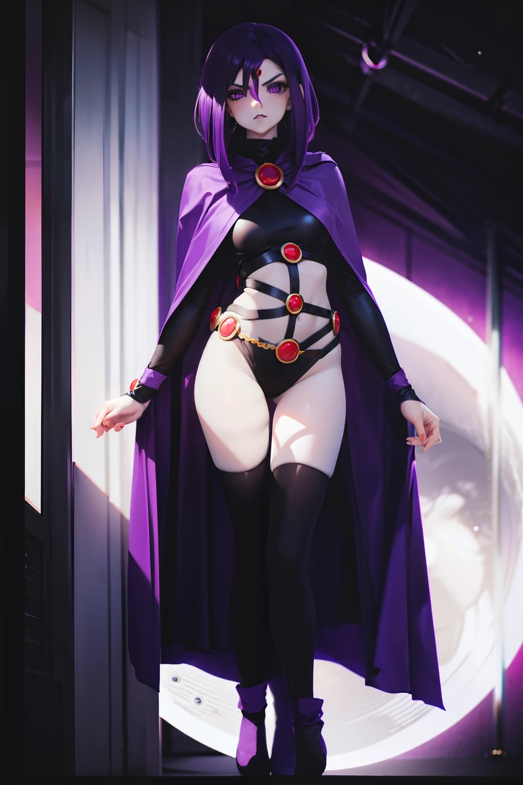 Raven  ,1girl , cosplay , masterpiece  , purple color hair, jaqueta aberta open clothes ,medium  breasts ,  pantie  , long socks,  angry ,sexy   . Background moon . Standing 