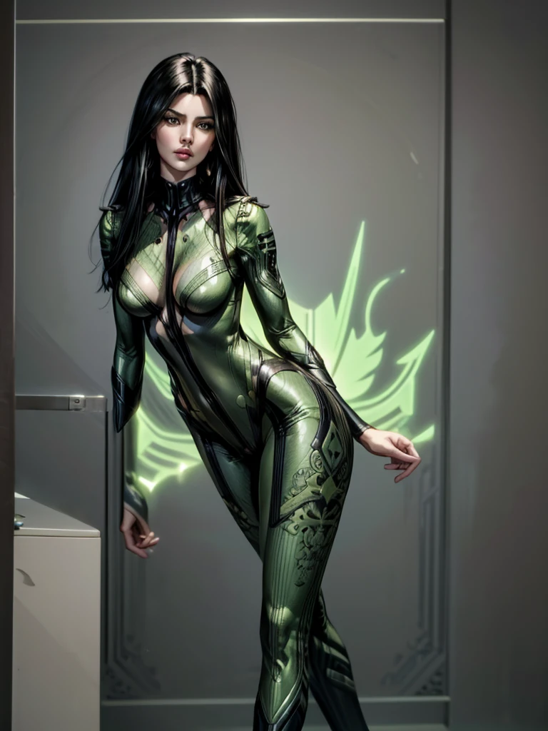 skin-tight ((best quality)), ((4k)), ((highres)), ((masterpiece:1.2)). ((detailed)), ((ultra realistic)), ((intricate details)), ((full body picture)), ((character design sheet)), ((blank background)), a full body picture of a beautifull persian female, persian woman, persian princess, persian model, perfect face, gorgeous face, detailed eyes, detailed lips, ((luscious red lips)), ((vivid green eyes)), about 30 years old, about 5'7 ft. tall, long black hair, ((emphasis on her long black hair)), perfect body, hourglass body type, dressed in a skin-tight green bodysuit, ((emphasis on her skin-tight green bodysuit)), full-body outfit, ((emphasis on full body outfit)), seductress character, femme fatale, superhero character, superhero concept art, superhero character concept art, full body, full body concept art, full body art