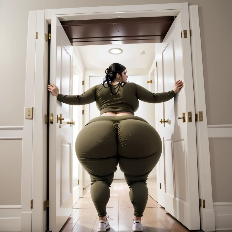 masterpiece, 1 Mexican girl behind a doorway, from behind, (doorstuck, stuckback:1.3), ssbbw ,huge wide hips, round belly, thick thighs, giant ,colorful clothing, wearing a olive green pirate costume with pants, upset, desperately trying to wiggle through, she tries to free herself but she won't budge, she is stuck tight view from above, she is too wide, the doorway is quite narrow too, she kicks her legs furiously, trying to wiggle her hips through the small door, but its no good, the door is too small, she keeps trying to squeeze through with frustration, she is stuck too tight