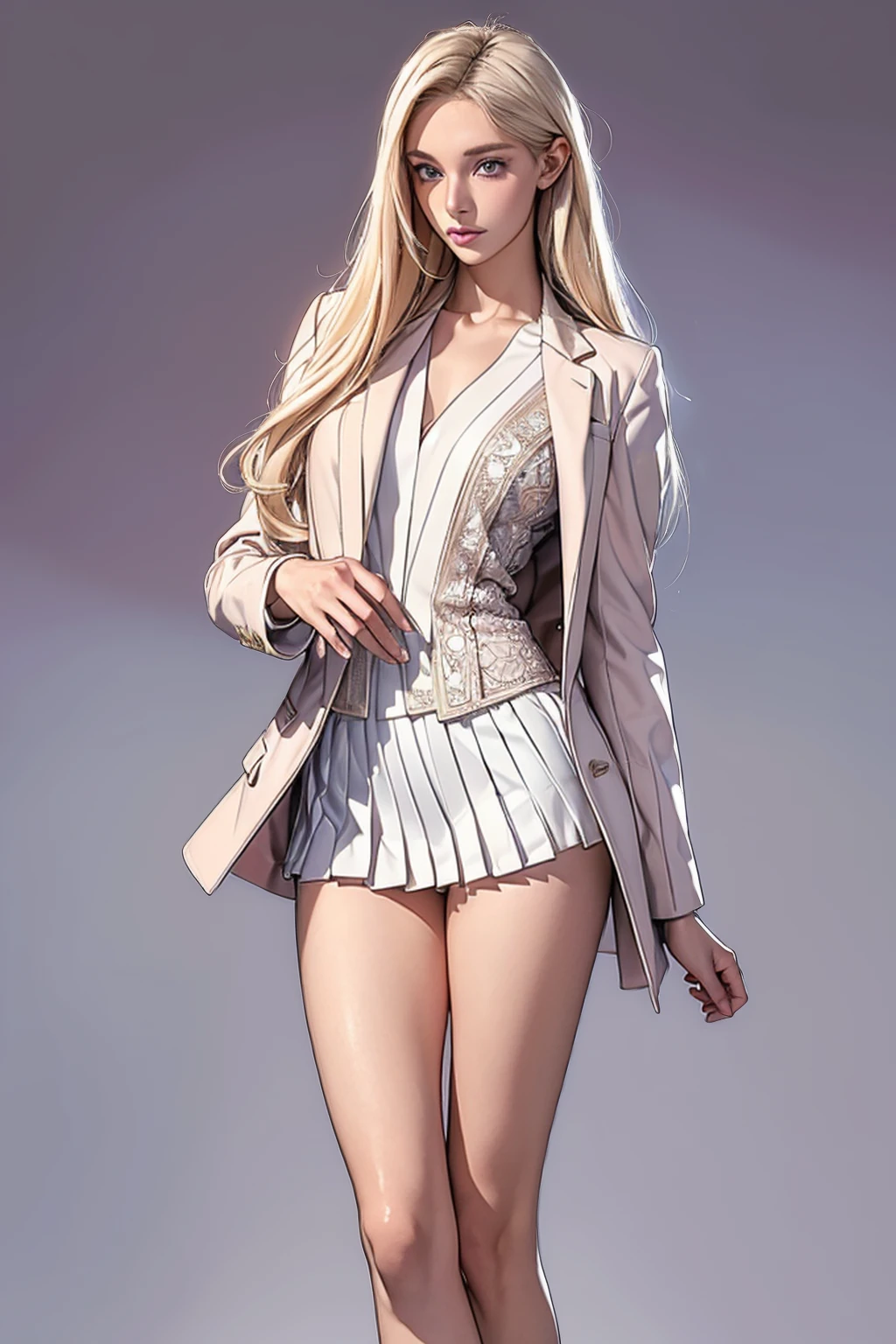 ((masterpiece,best quality,8k,highres)),((character concept art)), 1 female, young adult female, Anastasia Volkova, 18 years old, 175cm, (long, platinum blonde hair), platinum blonde hair, (fair skin colour), ultra finely detailed eyes (blue eyes colour), dazzling, graceful, confident, perfect body build ((slim)), ((intricate detail)), super finely detailed hands, ultra finely detailed fingers(((ten fingers))), wearing pink blazer jacket white shirt and white pencil pleated skirt, (standing with grace), ((full body showcase)), (show full body), (no logos on background), (no logo), ((plain background)), ((plain background)), (((empty background)))