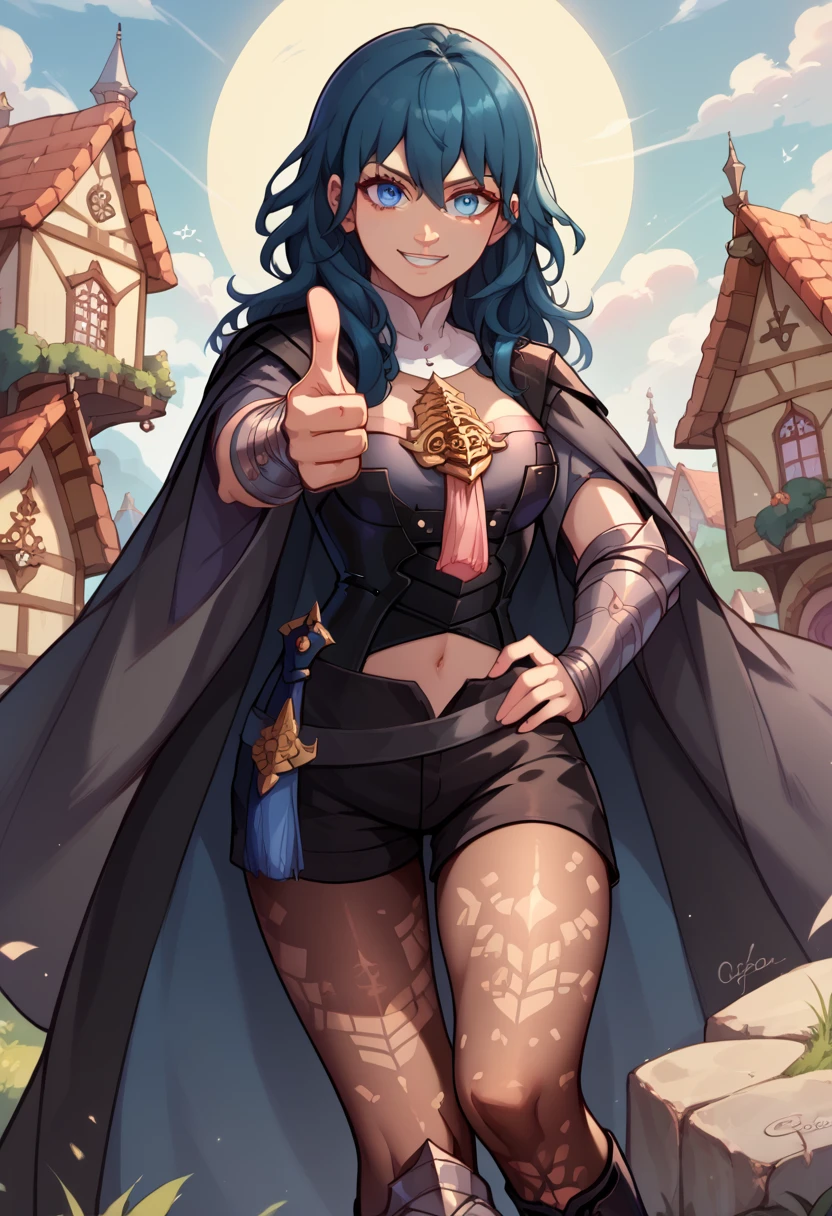 score_9,score_8_up,score_7_up, 1girl, solo, defByl, blue hair, blue eyes, black cape, detached collar, amulet, tassel, bodice, black armor, navel cutout, vambraces, black shorts, print legwear, brown pantyhose, black boots, smiling, standing, hand to hip, finger gun, pointing you, looking at you, medieval town