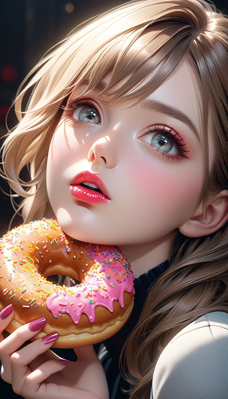 Stylish girl eating a donut, Beautiful attention to detail, Beautiful lip detail, Highly detailed face, Long eyelashes, Complex donut texture, Shiny donut surface, Bright berry color, Natural light, photoRealistic, 8k, (Highest quality:1.2), Super detailed, (Realistic:1.37), elegant, chic, Modern, Very cute, Studio Lighting, Cinematic