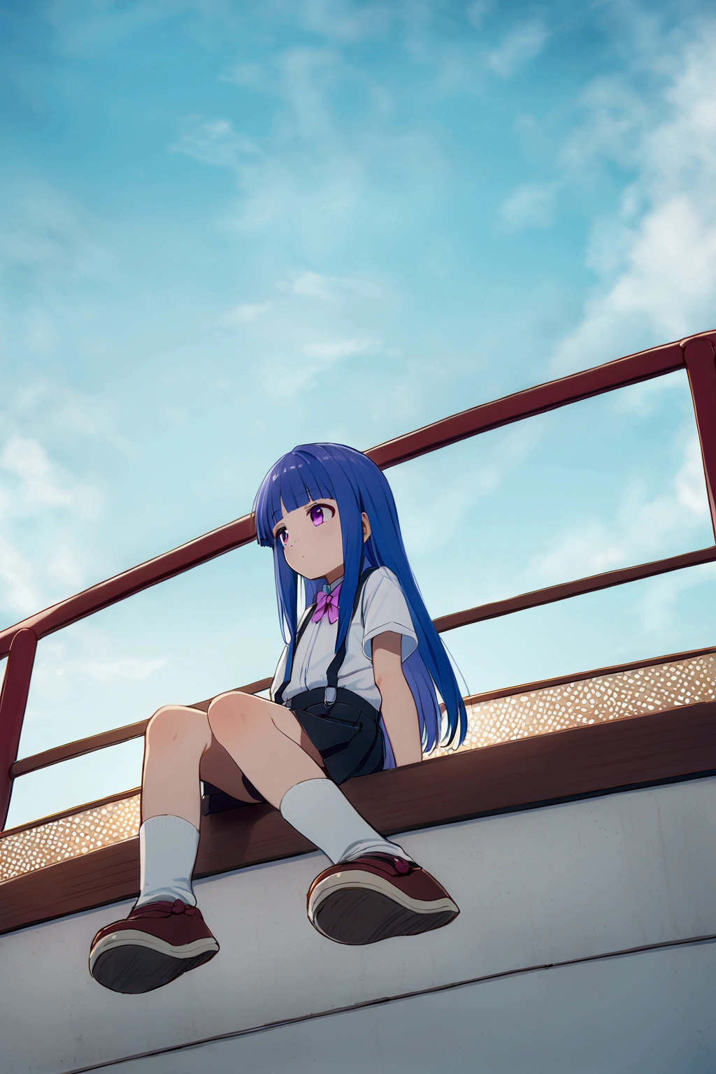 girl, alone, (Rika Furude), Blue Hair, Purple eyes, Long Hair, blunt bangs, bangs, I&#39;, white shirt, pink bow, suspenders, black skirt, (Low angle shot), Sitting、Outdoor、null、青null、Skyscraper rooftop