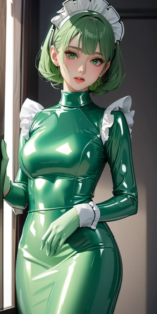 Portraiture、(masterpiece,Highest quality,Ultra-high resolution),Japanese women, (((Very beautiful 25 year old girl))),(Pale green latex maid outfit)、(Pale green latex long skirt)、(A long-sleeved latex shirt that covers the upper body)、Pale green latex gloves、Pale green latex socks、Pale green latex bodysuit、Frills、The clothes fit snugly to the body、Latex is very shiny、Dark Room、