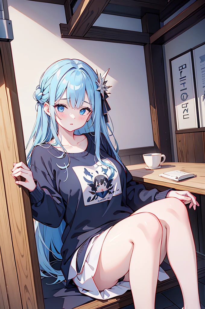 masterpiece, highlydetailed, ultra-detailed, cold, solo, (1girl), (pale skin), icyblue eyes, frosty black hair, young woman, very big breasts, thick thighs ,goddess, cool kuudere girl, (baggy cute clothing), sleepy, lazy, (smile:0.7), (polite baggy clothing), CEO, rich, shy, hair decoration, tall, (indoors), unexcited