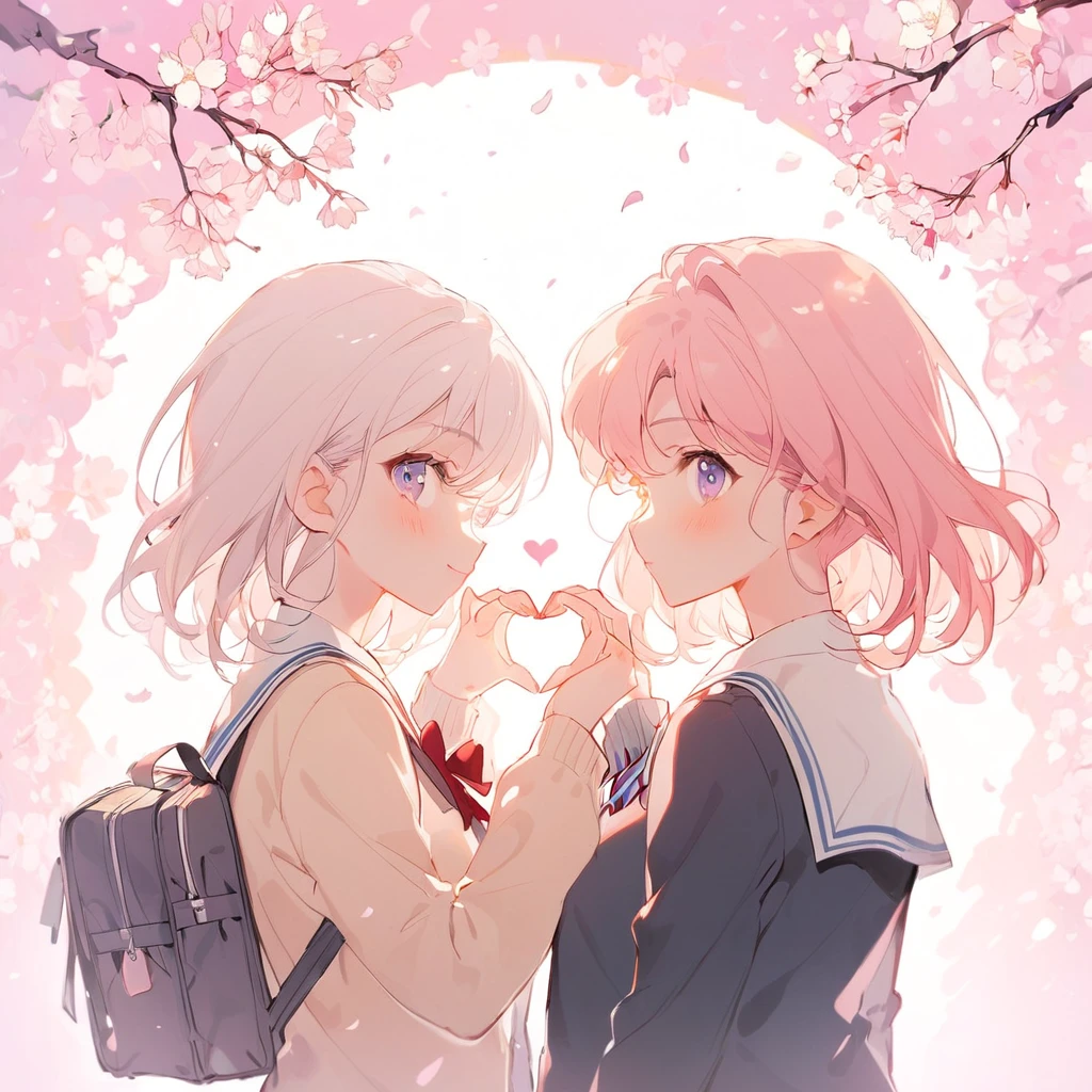 Two Girls, (Couple between girls), ((Middle school students, school uniform)), Making a Heart with Fingers, Back view, Cherry blossom background