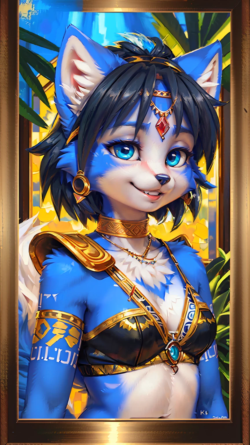 A beautiful and detailed (sweet picture) wa ((krystal)), Star Fox Krystal, sslim, lovable, green eyes, medium breasts, (((Long blue hair 1.3))),  ((black hair tips)), Decollete, grin, look up,, anthro, furry, Uploaded E621, detailed fluffy fur, (wa Fluff-Kevlar, Bayard Wu, personalize me, Pino Daeni), detailed face, (fluffy), 1 girl, alone,  Tribal clothing, sweet girl, alone4k, ,8k, A high resolution, best qualitUnd, Perfect colors, perfect shadows, perfect lightning, black jacket, Ruffles, jewellery, Hair decoration,  (((Portrait in a frame))), (((old portrait in vintage style))), (((Oil painting)))