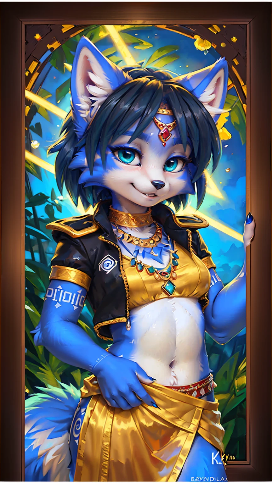 A beautiful and detailed (sweet picture) wa ((krystal)), Star Fox Krystal, sslim, lovable, green eyes, medium breasts, (((Long blue hair 1.3))),  ((black hair tips)), Decollete, grin, look up,, anthro, furry, Uploaded E621, detailed fluffy fur, (wa Fluff-Kevlar, Bayard Wu, personalize me, Pino Daeni), detailed face, (fluffy), 1 girl, alone,  Tribal clothing, sweet girl, alone4k, ,8k, A high resolution, best qualitUnd, Perfect colors, perfect shadows, perfect lightning, black jacket, Ruffles, jewellery, Hair decoration,  (((Portrait in a frame))), (((old portrait in vintage style))), (((Oil painting)))