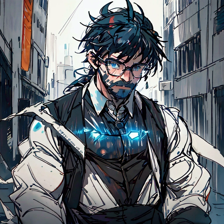 a muscular man with a ponytail, glasses, black hair, light scruffy beard, wearing a business vest and black dress pants, solo, alone, glowing electrical powers, (SOLO)(ALONE), best quality, 8k, highres, masterpiece, ultra-detailed, realistic, photorealistic, photo-realistic, HDR, UHD, studio lighting, ultra-fine painting, sharp focus, physically-based rendering, extreme detail description, professional, vivid colors, bokeh, has blue eyes, blue electric powers, wearing white dress shirt and black vest