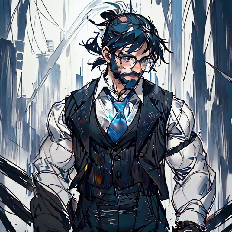 a muscular man with a ponytail, glasses, black hair, light scruffy beard, wearing a business vest and black dress pants, solo, alone, glowing electrical powers, (SOLO)(ALONE), best quality, 8k, highres, masterpiece, ultra-detailed, realistic, photorealistic, photo-realistic, HDR, UHD, studio lighting, ultra-fine painting, sharp focus, physically-based rendering, extreme detail description, professional, vivid colors, bokeh, has blue eyes, blue electric powers, wearing white dress shirt and black vest