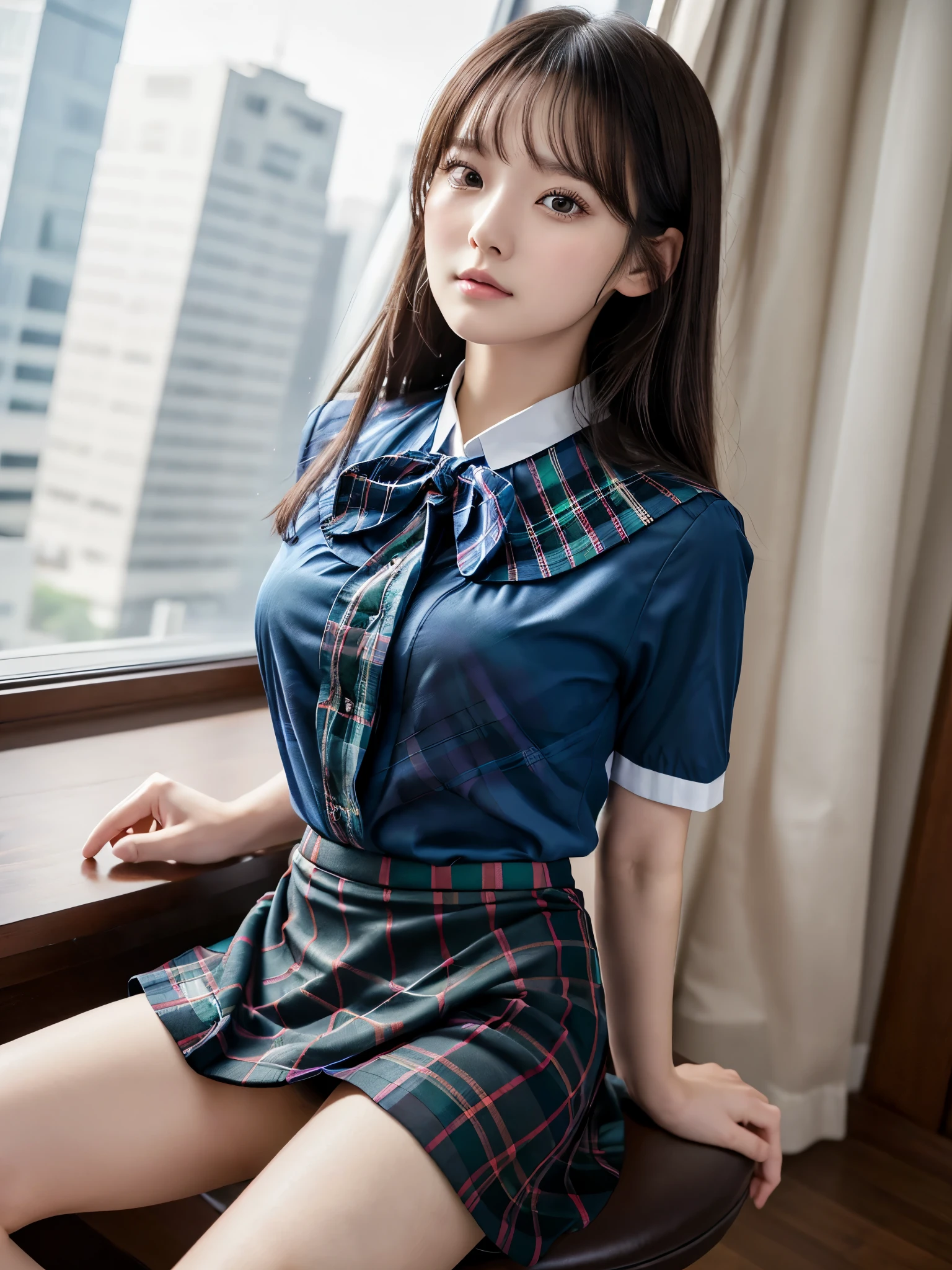 8k, Raw photo, Highest quality, masterpiece:1.2), masterpiece, Highest quality, figure, Very detailed, Fine details, High resolution, 8k,wallpaper, Perfect dynamic composition,(Detailed high quality, Realistic depiction of eyes:1.3)、A woman who has been and has her hands tied、Arms wrapped around his back, hands tie behind back, Inside a beautiful hotel room at night、Sitting in a chair、Outside the window is a night view、((( With legs wide open、Her white panties are visible between her skirt and legs.)))、(((Blue Short Sleeve Blouse、Tartan plaid pleated skirt)))、whole body、The whole thing faces forward、21 years old、I am a TV personality.、Beauty、Well-formed face、Make your eyes even、Beautiful black hair、Has bangedium build、Well-balanced proportions、Beautiful legs、Fresh face、Beautiful scenery、(((Viewers gaze forward)))、