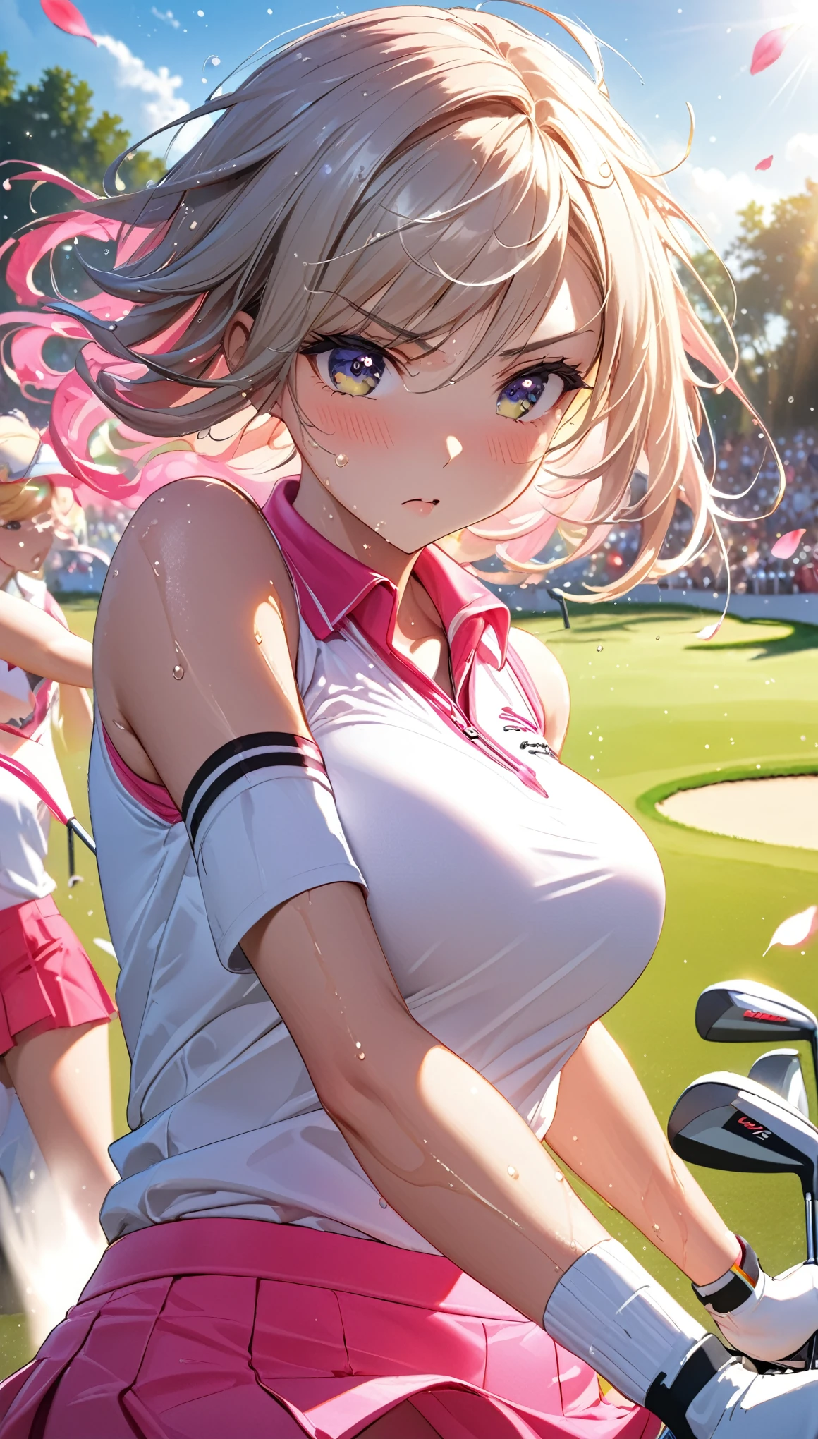(Sports magazine cover photo), Highest quality, Great quality, 16K, Unbelievably absurd, Very detailed, delicate and dynamic, Natural light, The particles reflect light, Diffuse reflection of light, Many rainbow-colored petals fall, Beautiful field, Sparkling Sun, Diffuse reflection of light, Create amazing image effects, , Wet, sweating, golf, swinging driver, Close-up(Cute sexy girl, big bouncing busts, Sensual expression, Cool girl, Serious, passion, Dynamic, Flashy golf wear, ,audience , much-air-laden cheer)