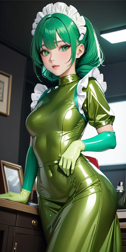 Portraiture、(masterpiece,Highest quality,Ultra-high resolution),Japanese women, (((Very beautiful 25 year old girl))),(Pale green latex maid outfit)、(Pale green latex long skirt)、(A long-sleeved latex shirt that covers the upper body)、Pale green latex gloves、Pale green latex socks、Pale green latex bodysuit、Frills、The clothes fit snugly to the body、Latex is very shiny、Dark Room、