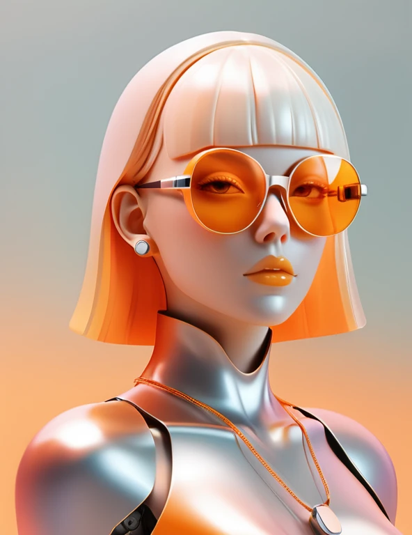 3D illustration of the upper body and face of an artificial intelligence model wearing futuristic glasses, Stylish sunglasses，Gradient Background, Pastel Color Palette, orange yellow, Simplicity, Cold metal texture, Surrealism, Earrings, necklace