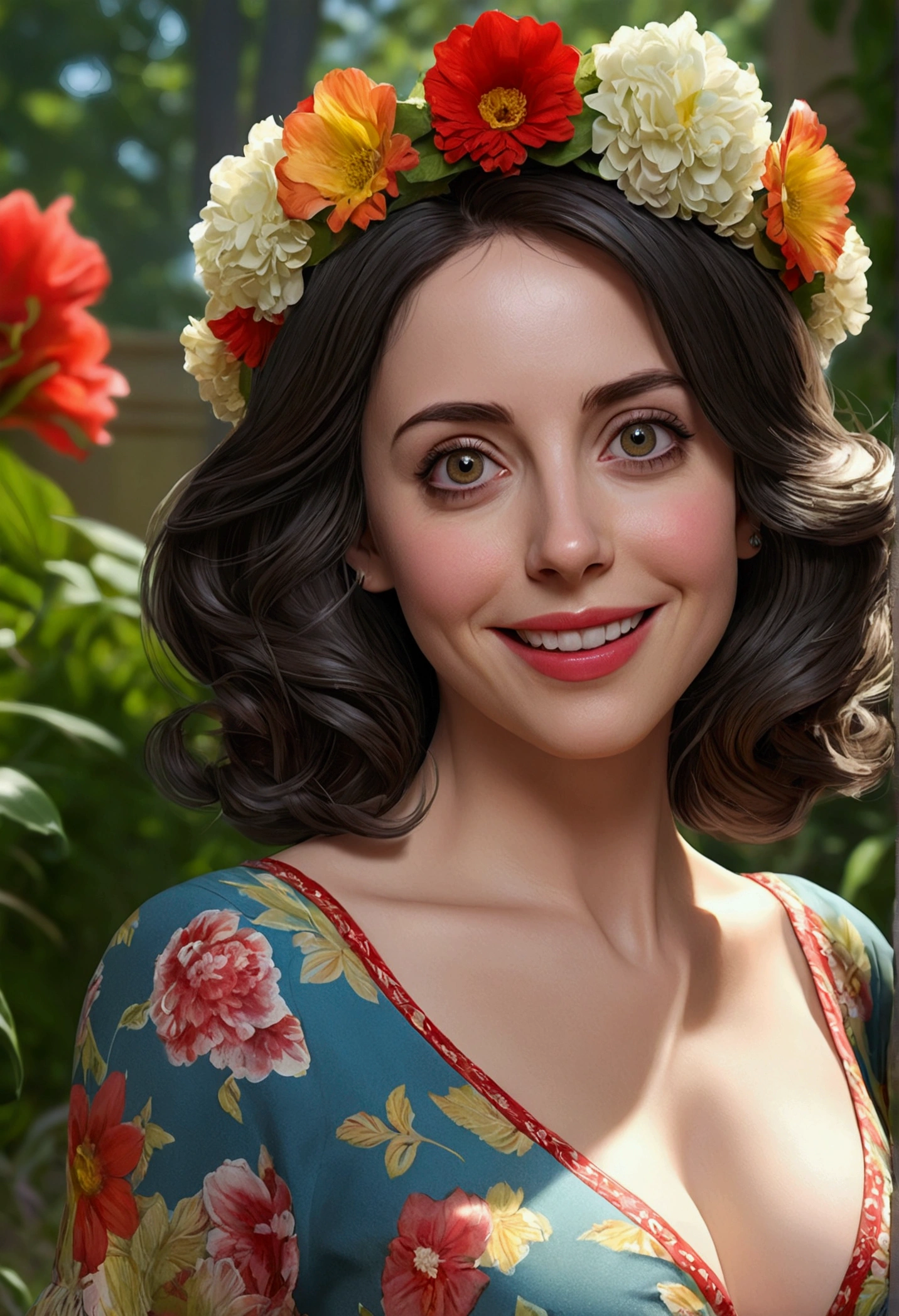 Adorable, mature Woman,detailed big-eyed woman, round face. promenent red lips. Smileing,In the garden, large ass, wearing a cute floral sun dress. flower crown, Flower belt draped around waist. Picture from the side,looking at the scenes, intense colors, Very valuable details, complex details, volumetric lighting, digital art, 8k, trending on Artstation, Clear focus, complex details, highly detail, Greg Rutkowski Big Eyes, high-resolution, Black hair. Alison Brie. attractive chest, .Photorealistic. Confidence, self esteem, assertiveness, dominance. Amused smile.
