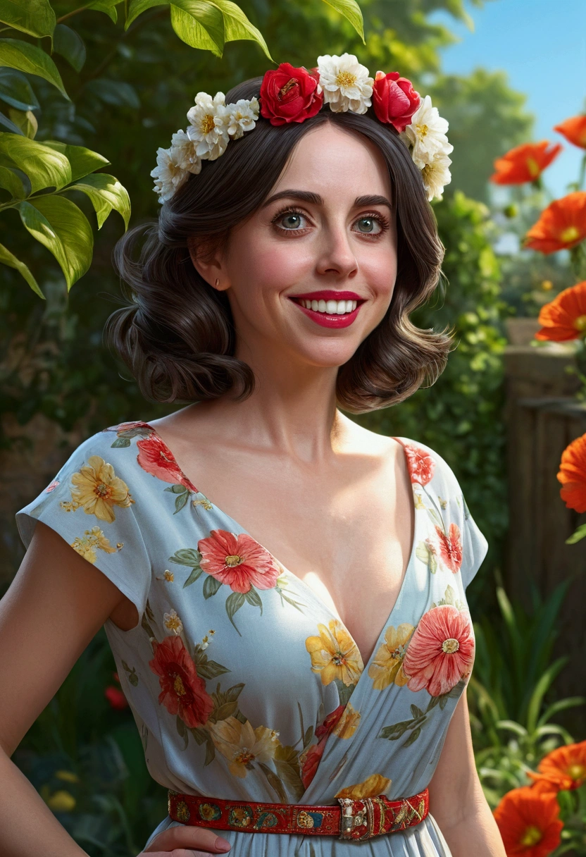 Adorable, mature Woman,detailed big-eyed woman, round face. promenent red lips. Smileing,In the garden, large ass, wearing a cute floral sun dress. flower crown, Flower belt draped around waist. Picture from the side,looking at the scenes, intense colors, Very valuable details, complex details, volumetric lighting, digital art, 8k, trending on Artstation, Clear focus, complex details, highly detail, Greg Rutkowski Big Eyes, high-resolution, Black hair. Alison Brie. attractive chest, .Photorealistic. Confidence, self esteem, assertiveness, dominance. Amused smile.

