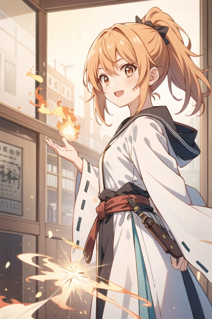 (Highest quality、Ultra-fine、Genuine)、Genki girl、Front view、Cowboy Shot、Anime High School Girl、Small breasts、Orange Hair、ponytail、Red round eyes、From the side、Bright smile、Cowboy Shot、Sharp contours、Wearing a wizard's robe、Uses magic to control fire、