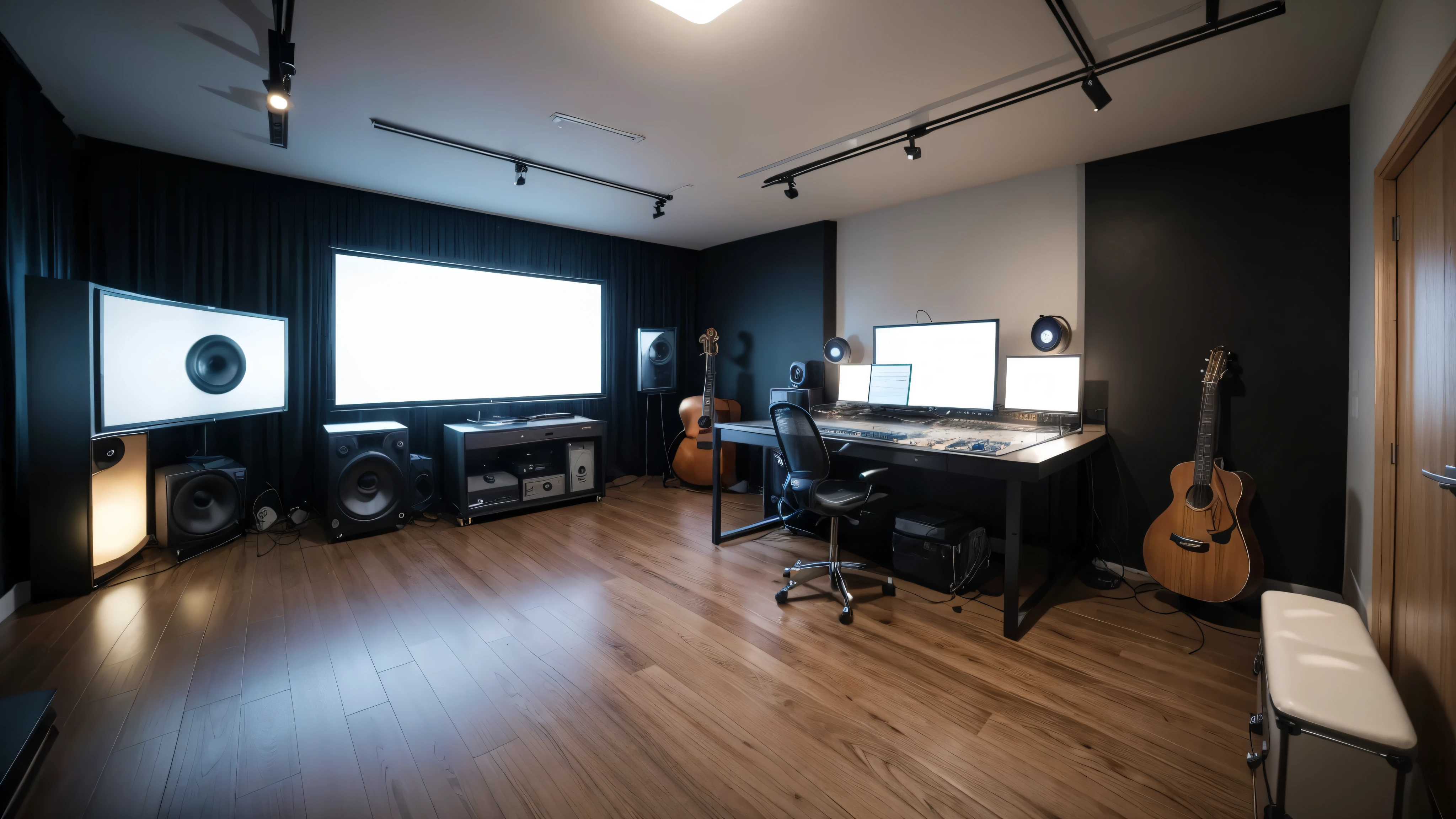 Create for me a music studio room in a frontal way.I want a high definition image, 8k, hand defects or blurs. 