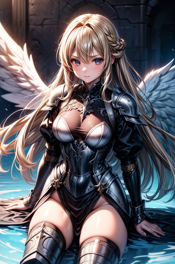female archangel prepared for battle, an extremally beautiful warrior valkyre, ultra feminine, long hair, blond hair, braided hair, wearing divine heavy armor, (white armor: 1.2), (angel wings: 1.2) spread, aremed with fantasysword sword, sword covered with blue fire, 16k, RAW, ultra wide shot, photorealism, depth of field, hyper realistic, 2.5 rendering
