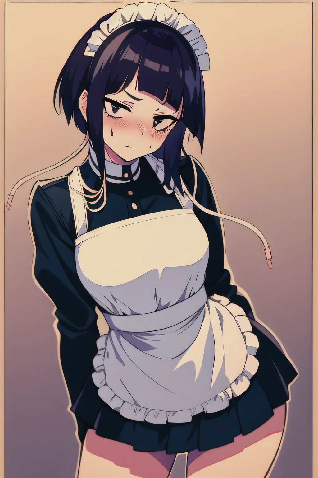 masterpiece, best quality, 1girl, upperbody, jirou, maid , That she is blushing and that the dress has a short skirt