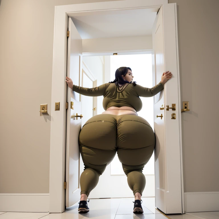 masterpiece, 1 Mexican girl behind a doorway, from behind, (doorstuck, stuckback:1.3), ssbbw ,huge wide hips, round belly, thick thighs, giant butt,colorful clothing, wearing a olive green pirate costume with pants, upset, desperately trying to wiggle through, she tries to free herself but she won't budge, she is stuck tight view from above, she is too wide, the doorway is quite narrow too, she kicks her legs furiously, trying to wiggle her hips through the small door, but its no good, the door is too small, she keeps trying to squeeze through with frustration, she is stuck too tight