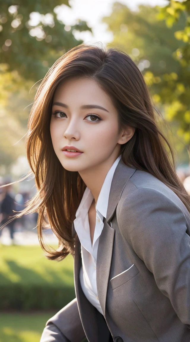 masterpiece, Highest quality, Realistic, Very detailed, Finer details, High resolution, 8k wallpaper, 1. Beautiful woman, Wear casual business attire, In the park where the morning sun shines, Early in the morning, Light brown messy hair, Perfect dynamic composition, Beautiful and exquisite Provocative pose Provocative look