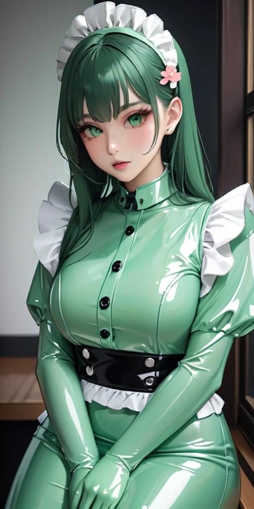 Portraiture、(masterpiece,Highest quality,Ultra-high resolution),Japanese women, (((Very beautiful 25 year old girl))),(Pale green latex maid outfit)、(Pale green latex long skirt)、(A long-sleeved latex shirt that covers the upper body)、Pale green latex gloves、Pale green latex socks、Pale green latex bodysuit、Frills、The clothes fit snugly to the body、Latex is very shiny、Dark Room、