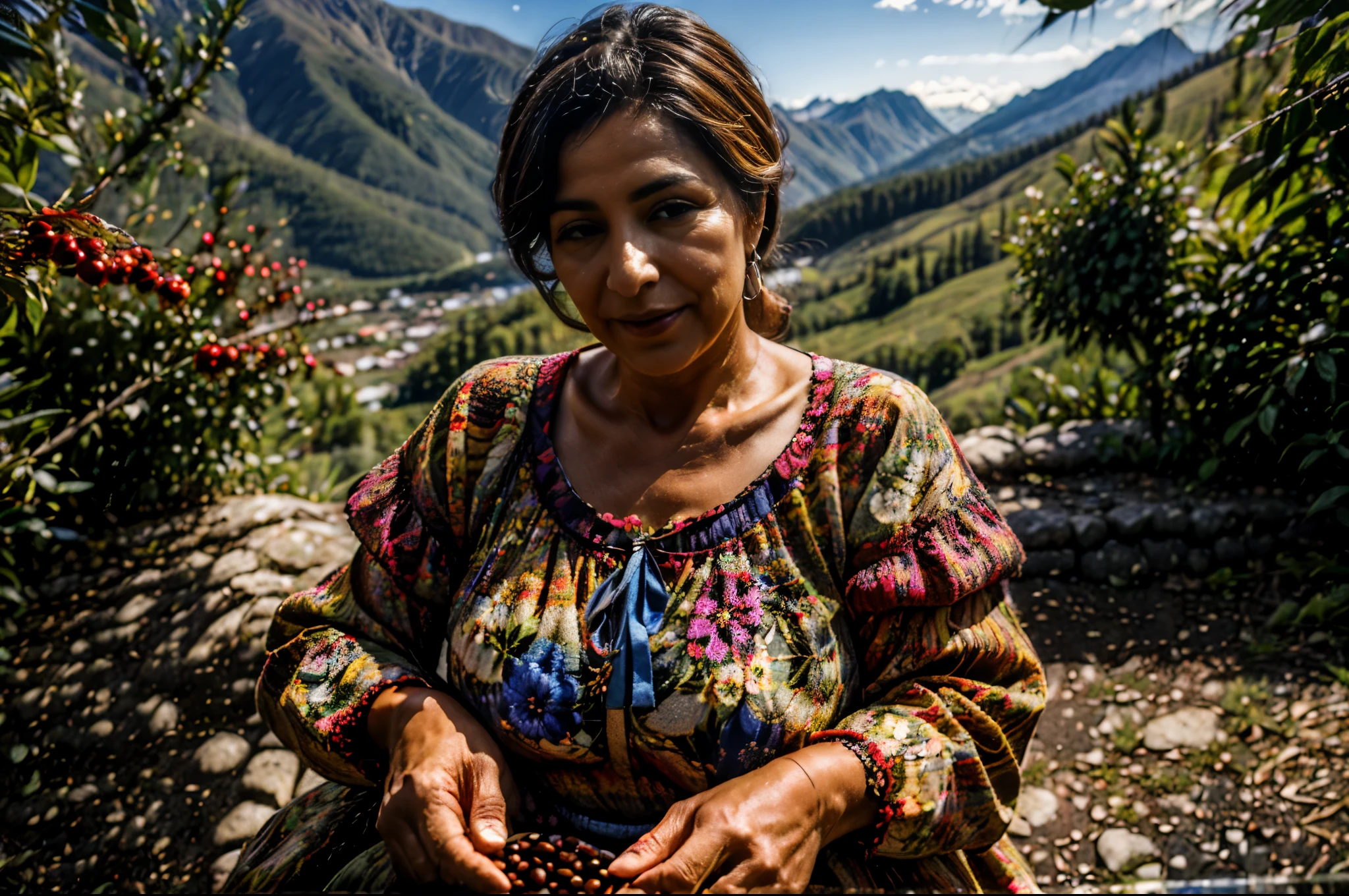  ((best qualityer,realisitic:1.2)), A mature Colombian lady dressed in colorful floral lingerie harvesting coffee beans in the mountains in the early hours of the morning
