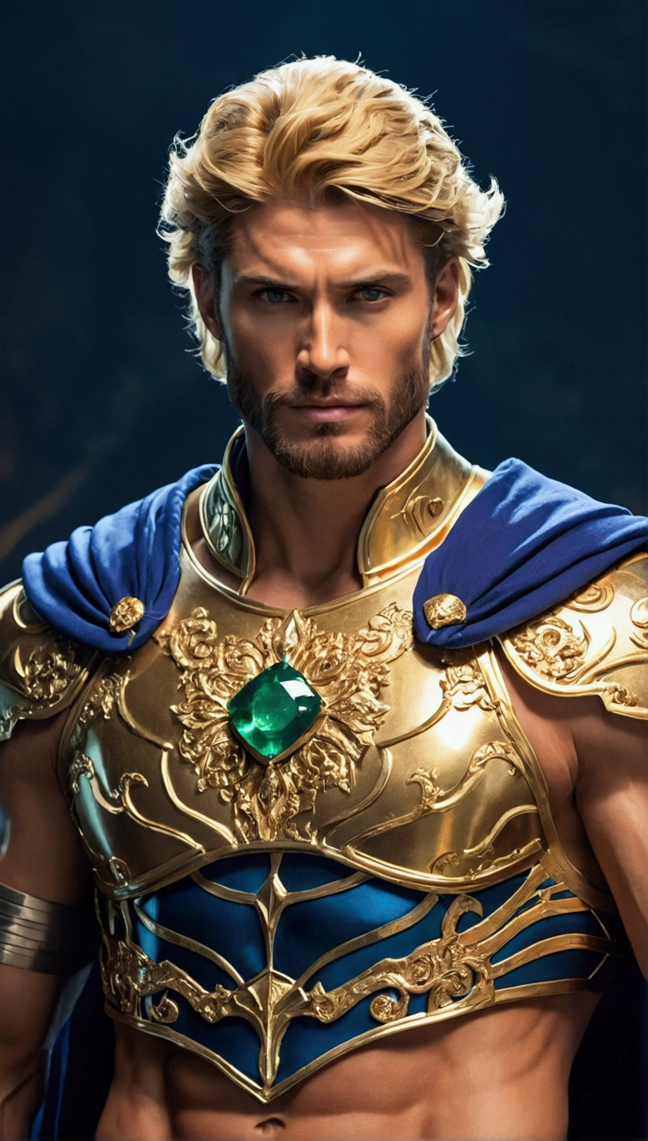 Tall handsome strong man with well toned body and veins in his muscles,powerful with an aura of golden color majestic radiating from him wearing a king armor made of gold and sapphire disheveled blonde hair, emerald eyes and candy-colored beards 