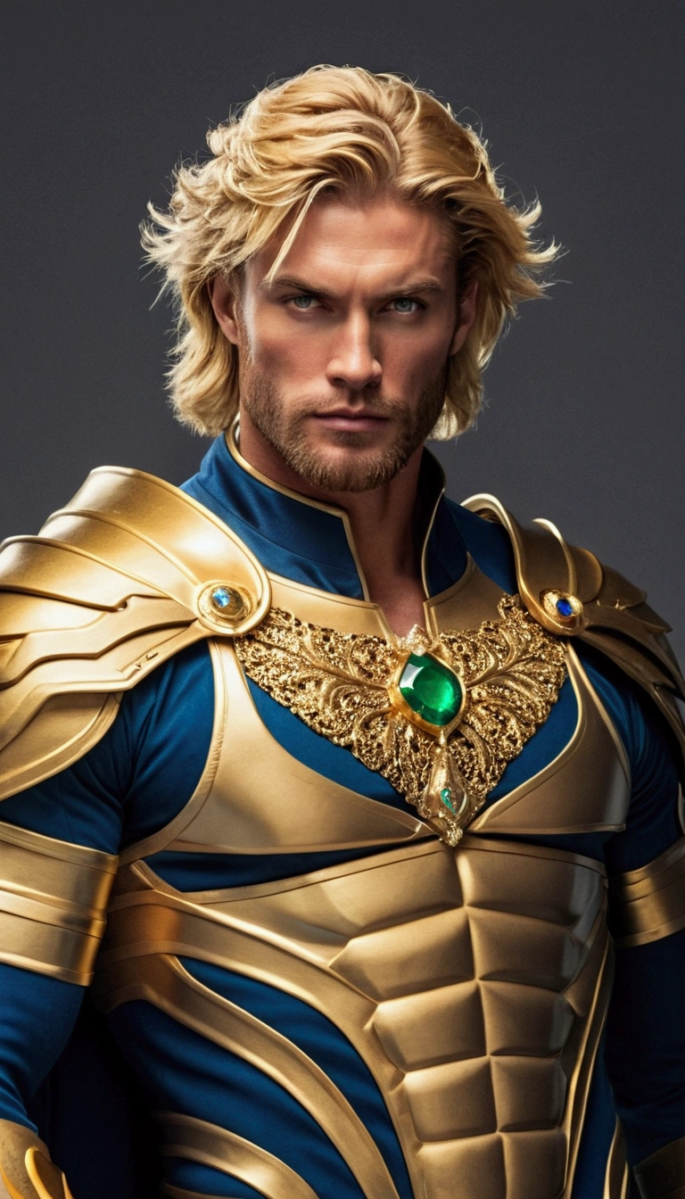 Tall handsome strong man with well toned body and veins in his muscles,powerful with an aura of golden color majestic radiating from him wearing a king armor made of gold and sapphire disheveled blonde hair, emerald eyes and candy-colored beards 