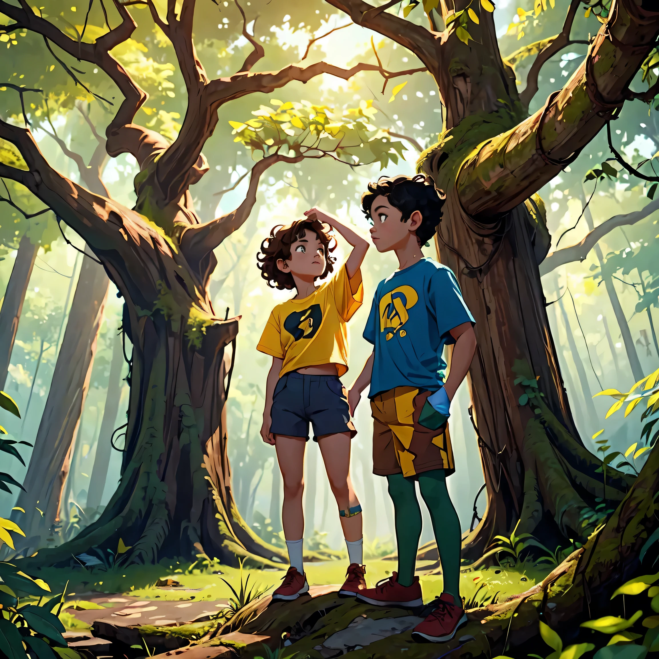 "In a dense part of the forest, food (a girl with short brown hair, wearing a yellow t-shirt and blue shorts) and I read (a boy with black curly hair, wearing a red t-shirt and green shorts) meet a great, ancient tree with thickness, Gnarled roots. A mystery, The old map is stuck to the tree trunk with a rusty nail.. food se acerca para tomar el mapa mientras Leo observa., Intrigued.