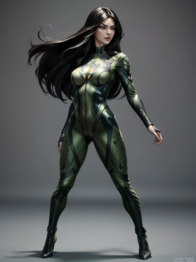 skin-tight ((best quality)), ((4k)), ((highres)), ((masterpiece:1.2)). ((detailed)), ((ultra realistic)), ((intricate details)), ((full body picture)), ((character design sheet)), ((blank background)), a full body picture of a beautifull persian female, persian woman, persian princess, persian model, perfect face, gorgeous face, detailed eyes, detailed lips, ((luscious red lips)), ((vivid green eyes)), about 30 years old, about 5'7 ft. tall, long black hair, ((emphasis on her long black hair)), perfect body, hourglass body type, dressed in a skin-tight green bodysuit, ((emphasis on her skin-tight green bodysuit)), full-body outfit, ((emphasis on full body outfit)), seductress character, femme fatale, superhero character, superhero concept art, superhero character concept art, full body, full body concept art, full body art
