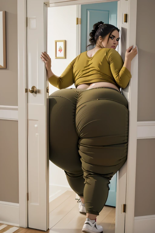 masterpiece, 1 Mexican girl behind a doorway, from behind, (doorstuck, stuckback:1.3), ssbbw ,huge wide hips, round belly, thick thighs, giant butt,colorful clothing, wearing a olive green pirate costume with pants, upset, desperately trying to wiggle through, she tries to free herself but she won't budge, she is stuck tight view from above, she is too wide, the doorway is quite narrow too, she kicks her legs furiously, trying to wiggle her hips through the small door, but its no good, the door is too small, she keeps trying to squeeze through with frustration, she is stuck too tight