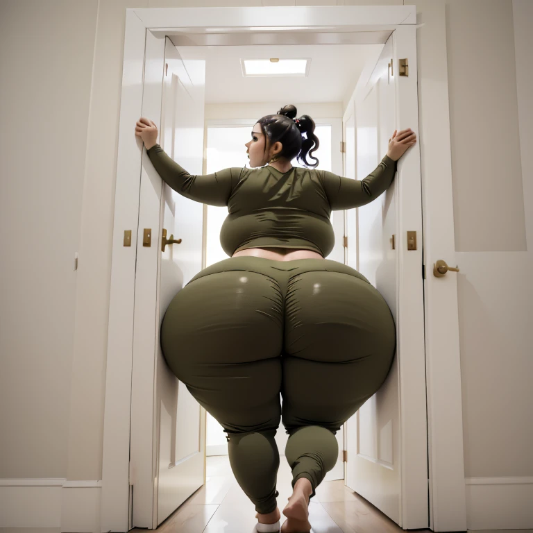 masterpiece, 1 Mexican girl behind a doorway, from behind, (doorstuck, stuckback:1.3), ssbbw ,huge wide hips, round belly, thick thighs, giant butt,colorful clothing, wearing a olive green pirate costume with pants, upset, desperately trying to wiggle through, she tries to free herself but she won't budge, she is stuck tight view from above, she is too wide, the doorway is quite narrow too, she kicks her legs furiously, trying to wiggle her hips through the small door, but its no good, the door is too small, she keeps trying to squeeze through with frustration, she is stuck too tight