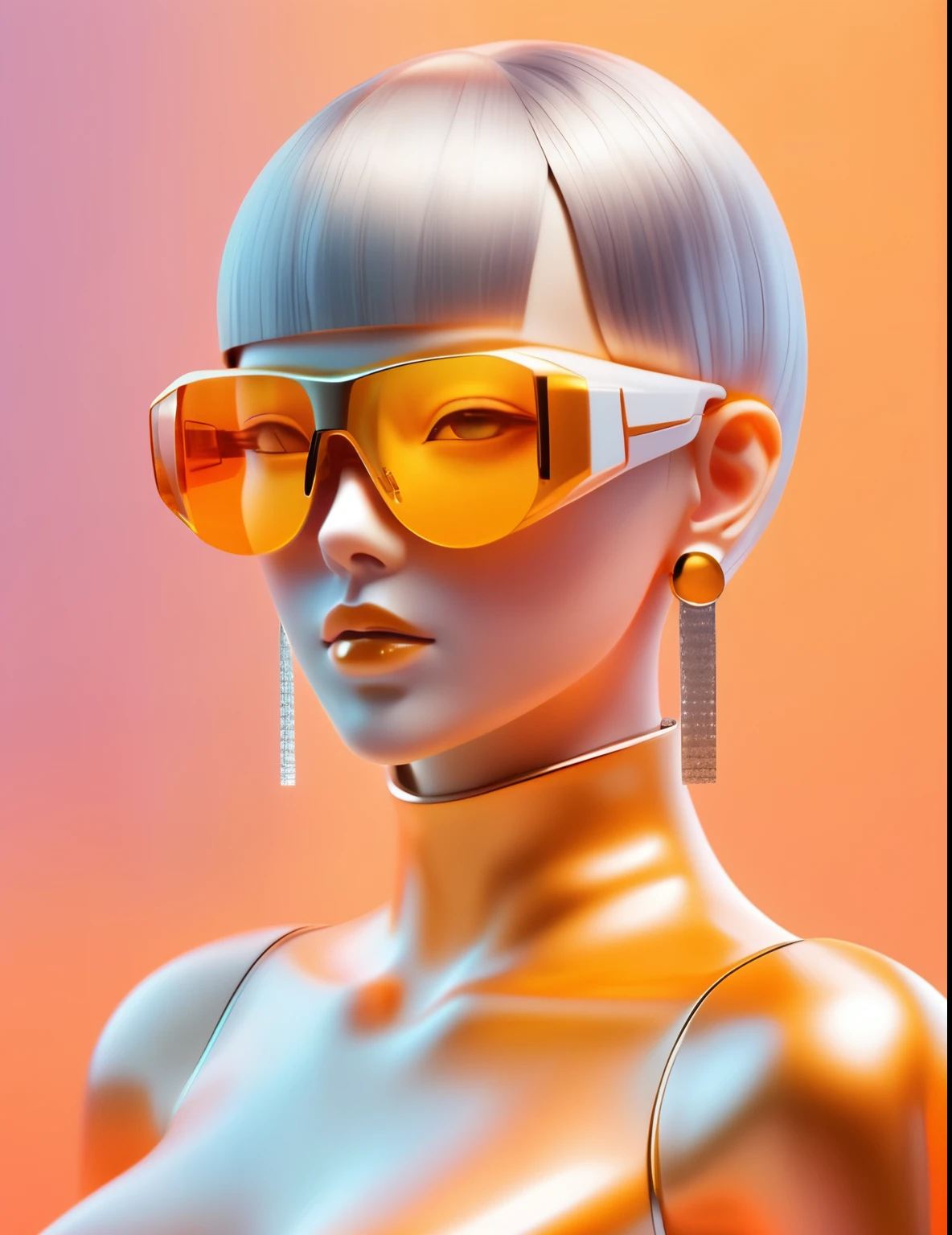 3D illustration of the upper body and face of an artificial intelligence model wearing futuristic glasses, Stylish sunglasses，Gradient Background, Pastel Color Palette, orange yellow, Simplicity, Cold metal texture, Surrealism, Earrings, 