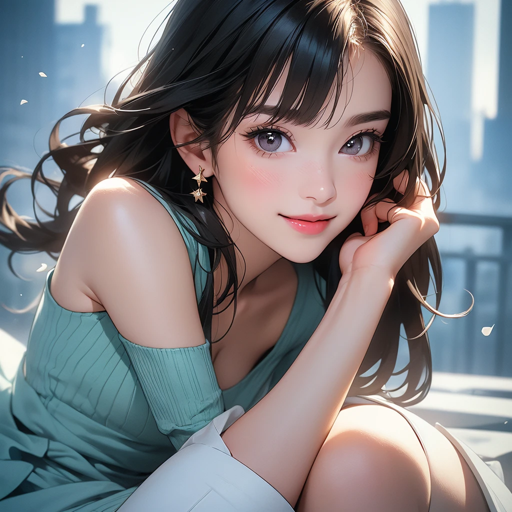 (8K, 超High resolution, highest quality, debris flies:1.2),(26 years old:1.2)、(big smile)、(look away)、8K、Japanese girl raw portrait、超High resolution、highest quality、 (small breasts:1.5),(sleeveless knit dress:1.5)、(from below:1.2)、walk、support your chest with your hands、(panty shot:1.2)、(city:1.4) Blake is (natural skin texture、fine skin、hyper realism、Super sharpness)、intricate details、Depth of written boundary、idol sculpture、actress model pose、 lady、、long black hair、Rear view、beautiful butt、star piece、highest quality、High resolution))、(1 girl)、(realistic:1.4)、alone、close your mouth、Smile、smile happily、pretty black hair、Big eyes、Clear double eyelids、eyelash、stick out ears、long neck、Absolute area、beautiful clavicle、perfect face、bangs、きれいなbangs、thin lips、Fair skin、small face、face becomes smaller、draw all the heads、look slightly upward at the camera、(look at the audience、eye highlights、light brown eyes、lip gloss chest bulge、squat、white boots、