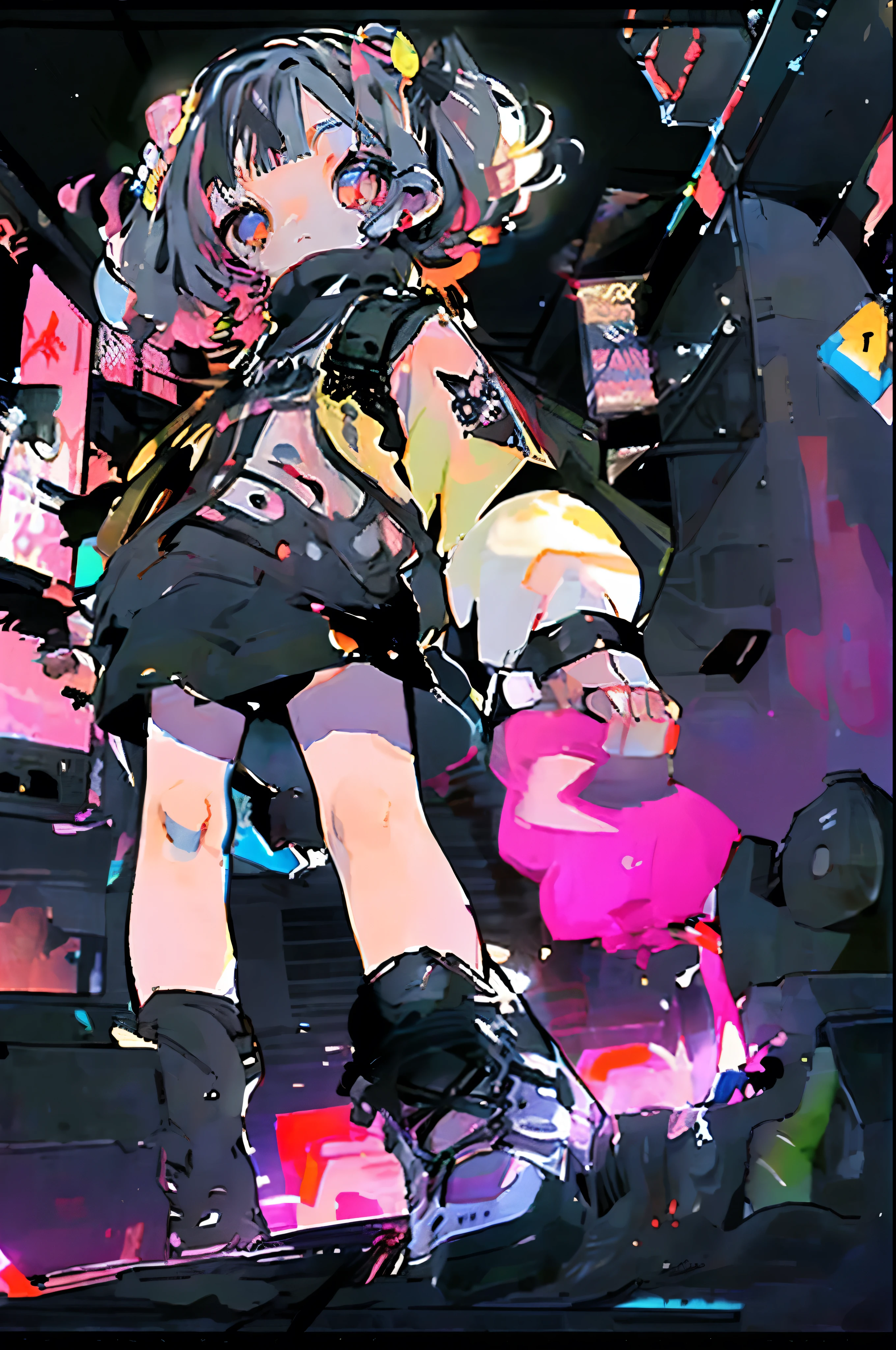 quality\(8k,wallpaper of extremely detailed CG unit, masterpiece,hight resolution,top-quality,top-quality real texture skin,hyper realisitic,increase the resolution,RAW photos,best qualtiy,highly detailed,the wallpaper,cinematic lighting,ray trace,golden ratio\), BREAK ,solo,1girl/(cute,kawaii,,shot hair,hairbow,cosmic eyes,big eyes,pale skin,extremy white skin,glossy body,punk rock costume),background\(at noisy city,neon lights,outside,night\),(from below:1.5),(ground level shot:1.5),(from directly below:1.2)