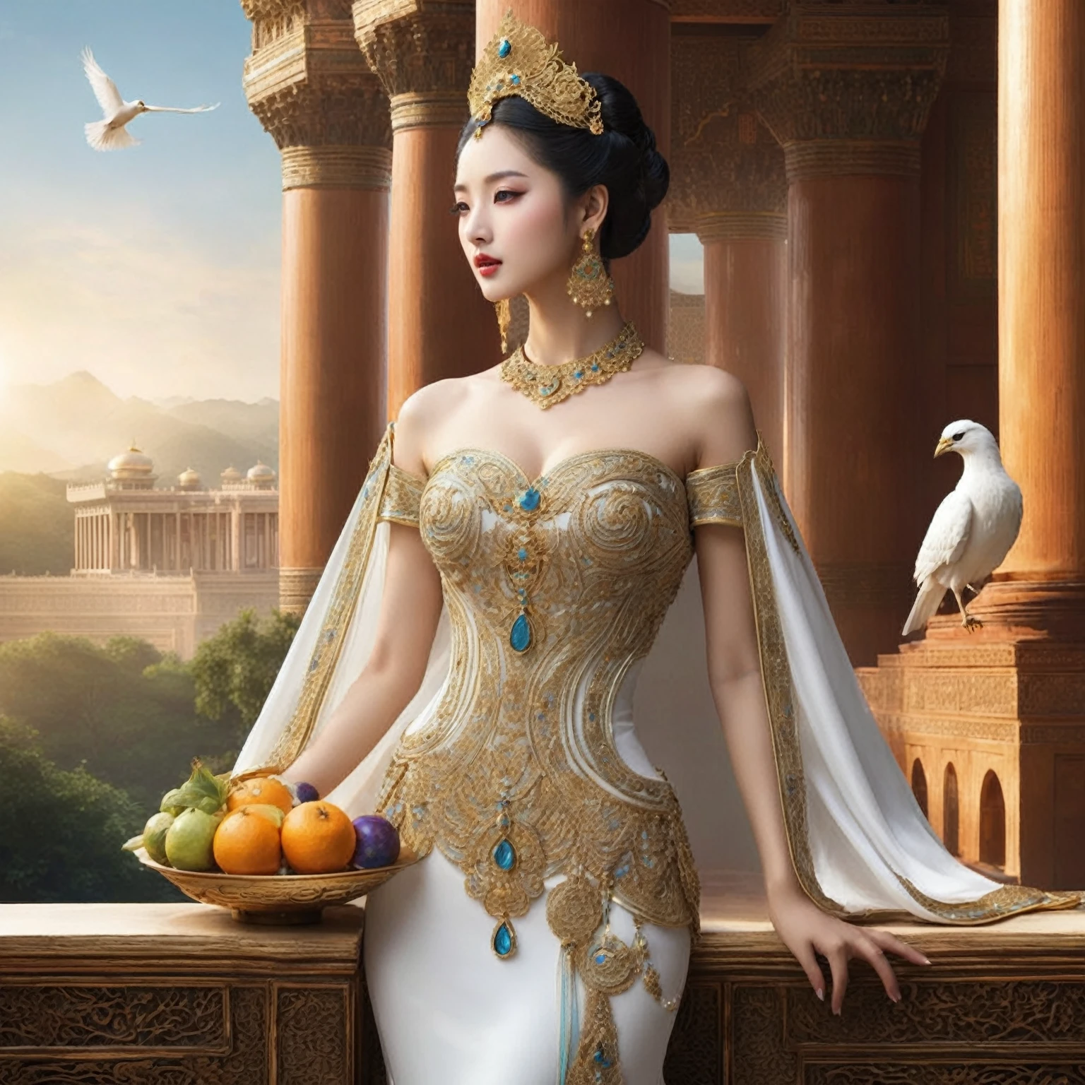 Arafed woman in white dress with gold and blue dress, fair empress fantasy, ((fair empress fantasy)), beautiful oriental woman, ancient white dress, beautiful goddess, ancient Chinese princess, Egyptian Princess, Chinese princess, Arabian princess, princess of an ancient Asian dynasty, Kazakh Empress, Beautiful render of the Tang Dynasty, White royal dress, Persian princess, gorgeous woman