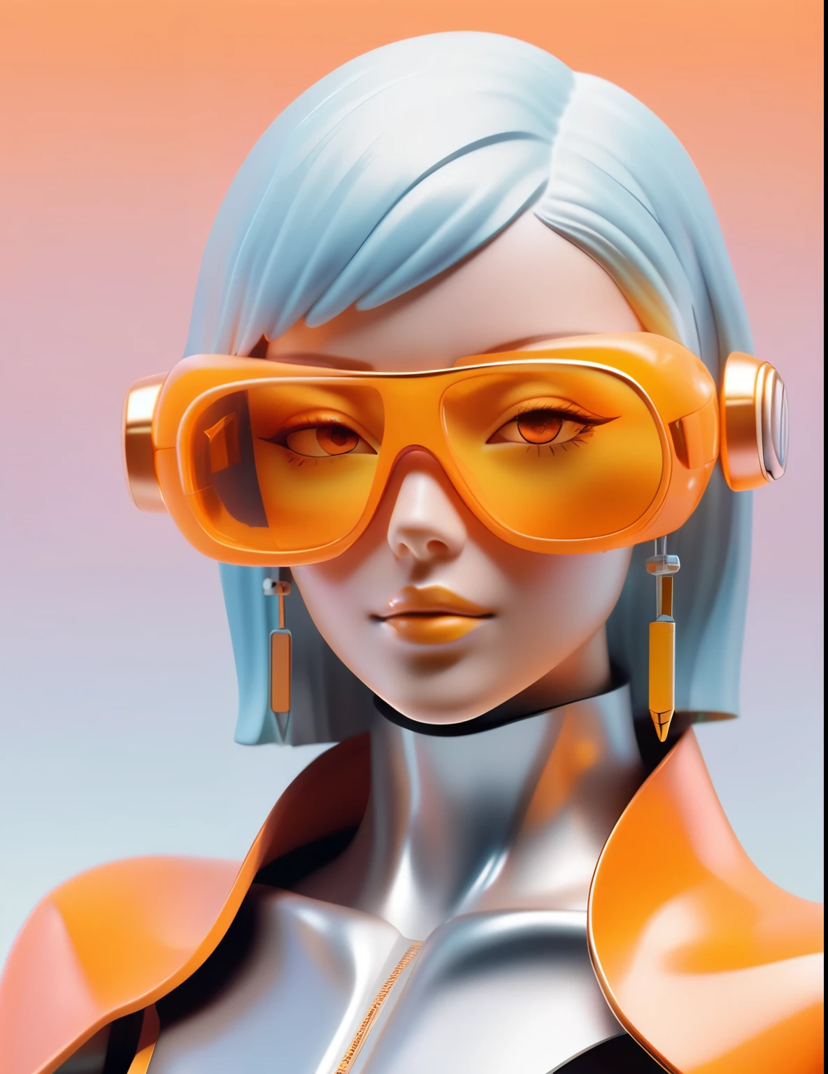 3D illustration of the upper body and face of an artificial intelligence model wearing futuristic glasses, Stylish sunglasses,Gradient Background, Pastel Color Palette, orange yellow, Simplicity, Cold metal texture, Surrealism, Earrings,